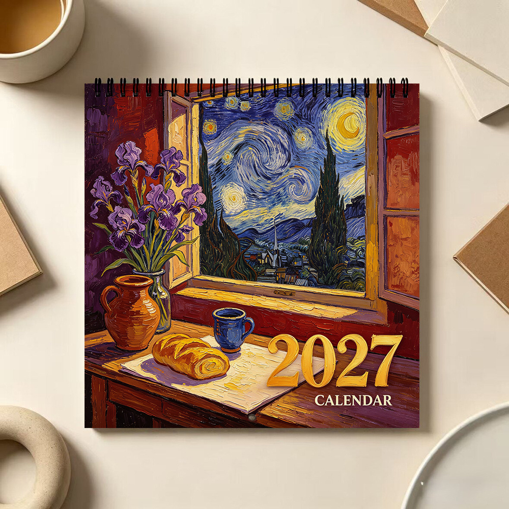 TEMU 1pc Van Gogh Starry Night & Iris Flower Wall Calendar 2027 - 8.3x8.3 Inch Monthly Planner With Hanging Calendar Suitable For Home Office School