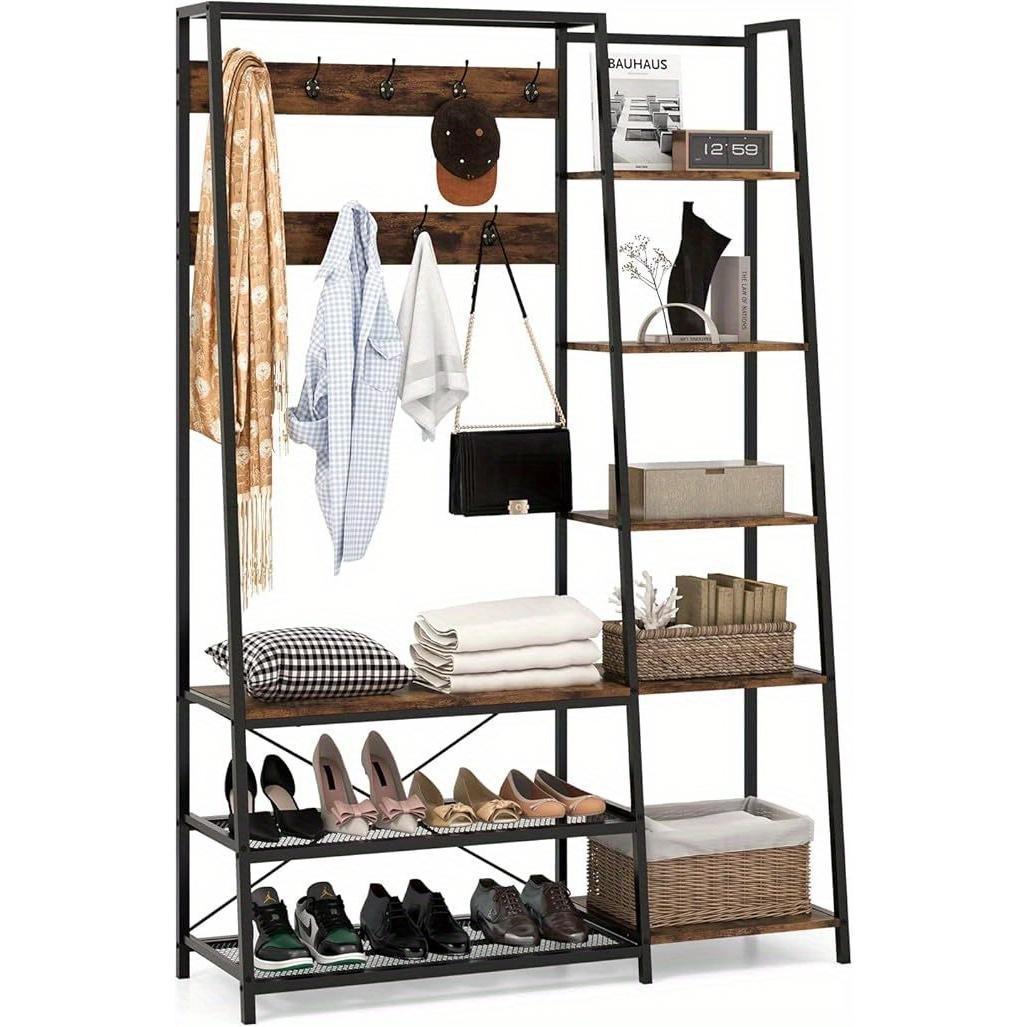 Coat Rack, Bench & 2 Shoe Racks & 9 Hooks & 5 Side Shelves & Clothes Rail, Coat Rack With Shoe Bench, Made Of Metal, Vintage