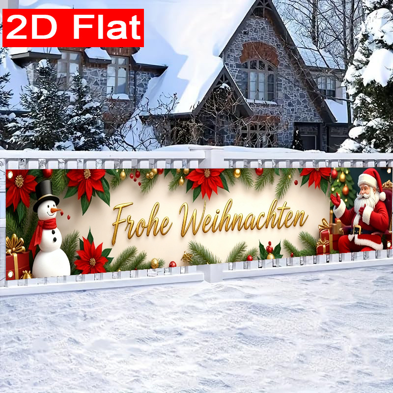 TEMU 2D Flach, 1 Stück 2D Flach Deutsch Frohe Weihnachten Weihnachtsbanner Schneemann Santa Poinsettia Geschenkmuster Banner Deko, Weihnachtsfeier