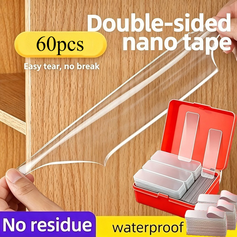 TEMU 60pcs Heavy Duty Reusable Double Sided Adhesive Tape Suitable For Plastic/wood/masonry Floors, Trace- Gel Strips With No Residue, Suitable For