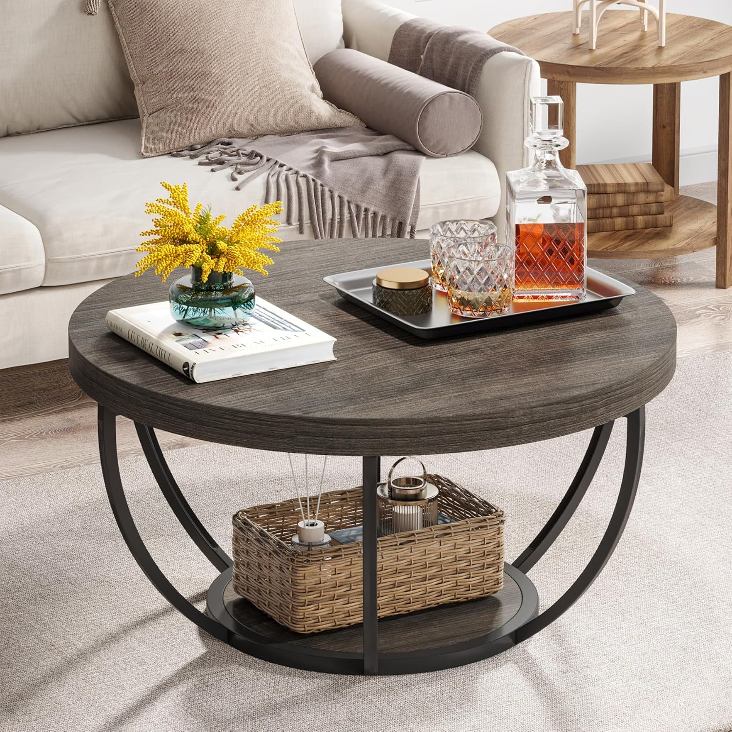 Circular Coffee Table With 2 Levels, Industrial Style With Storage Shelves, Contemporary Wooden Table, Side Table For Living Room Or Home Office