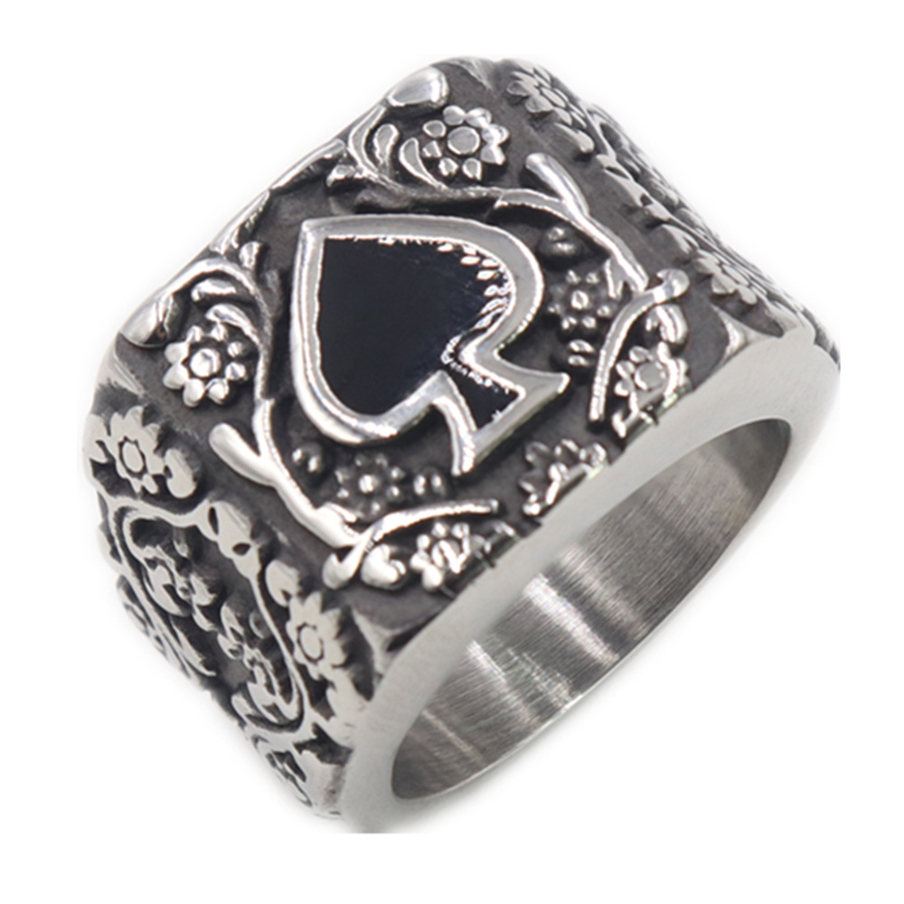 Image of Vintage Silvery 304l 304l Stainless Steel Spade Pattern Band Ring For Men, Trendy Fashion Style Wide Band, Edgy Streetwear Accessory, Without Battery