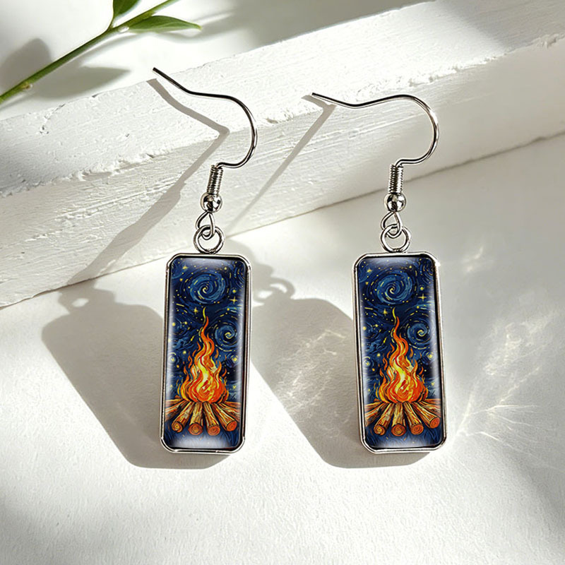 Van Gogh Starry Night Campfire Stainless Steel Drop Earrings