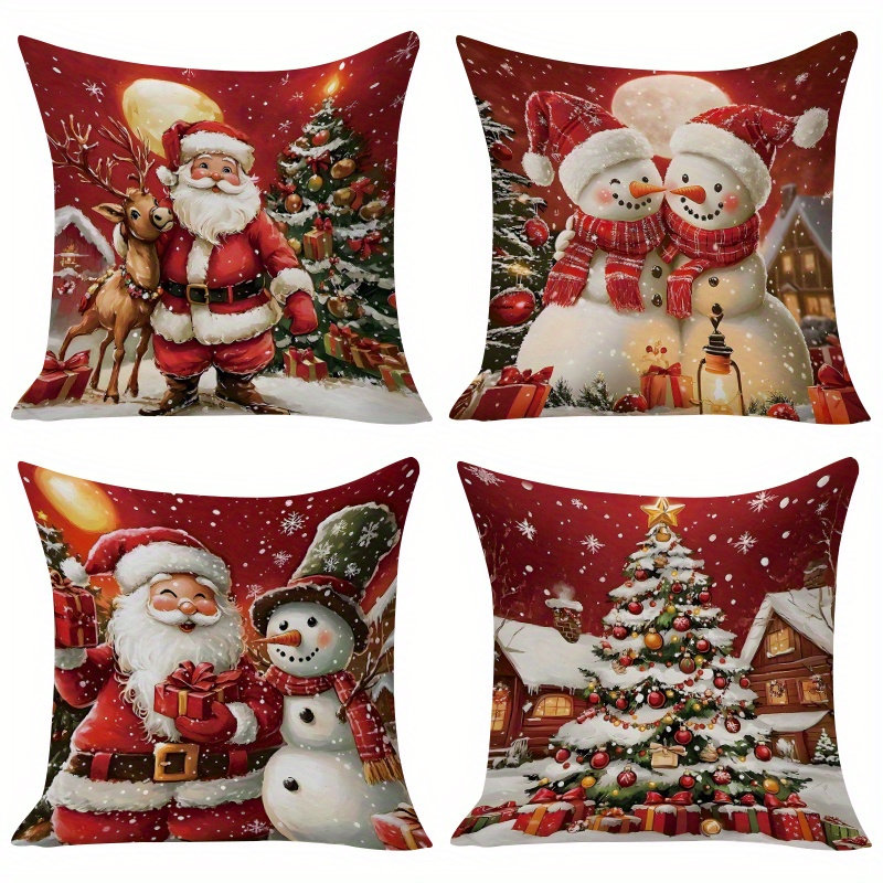 TEMU 4pcs Set, Decorative Throw Pillow Covers, Santa Claus, Snowman, Christmas Tree, And Snowy Cabin Pattern Pillowcases, Living Room Sofa Christmas