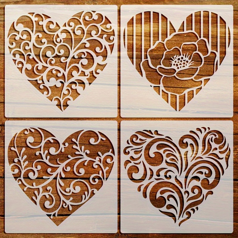 TEMU Ensemble de 4 Pochoirs à Thème Cœur, Modèles Réutilisables pour Découpe et Peinture d'Artisanat DIY, Murs, Toiles et Meubles - Matériau en PET
