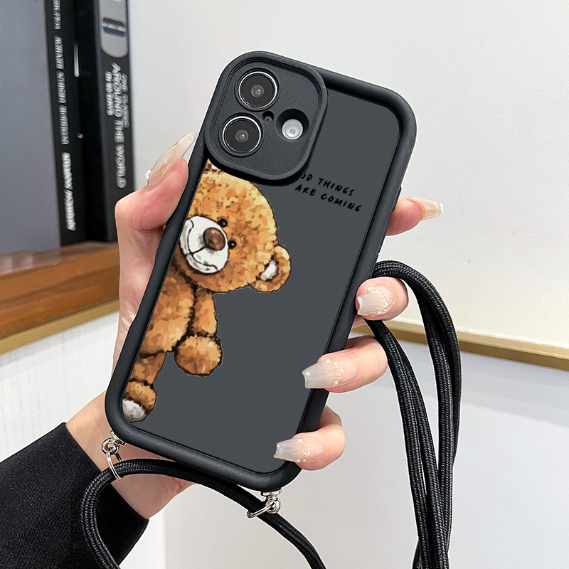 TEMU Custodia per telefono: Accessorio moda con motivo orso marrone cartoon e laccetto, per iPhone 16 15 14 13 12 11 Pro Max XS XR 7 8 SE2 SE3,