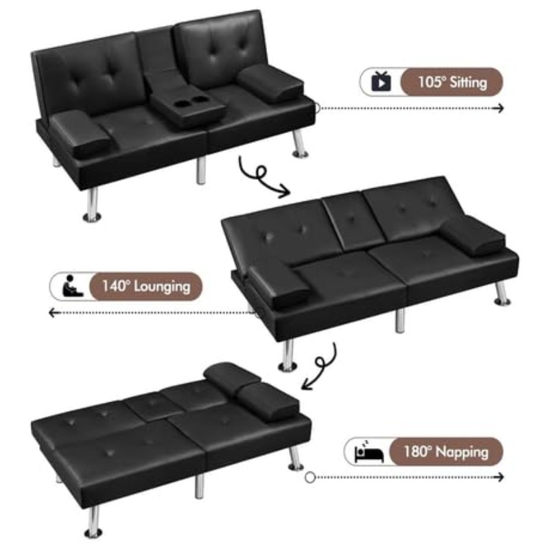 Modern Faux Leather Sofa Bed with Adjustable Recliner And Cup Holders Black