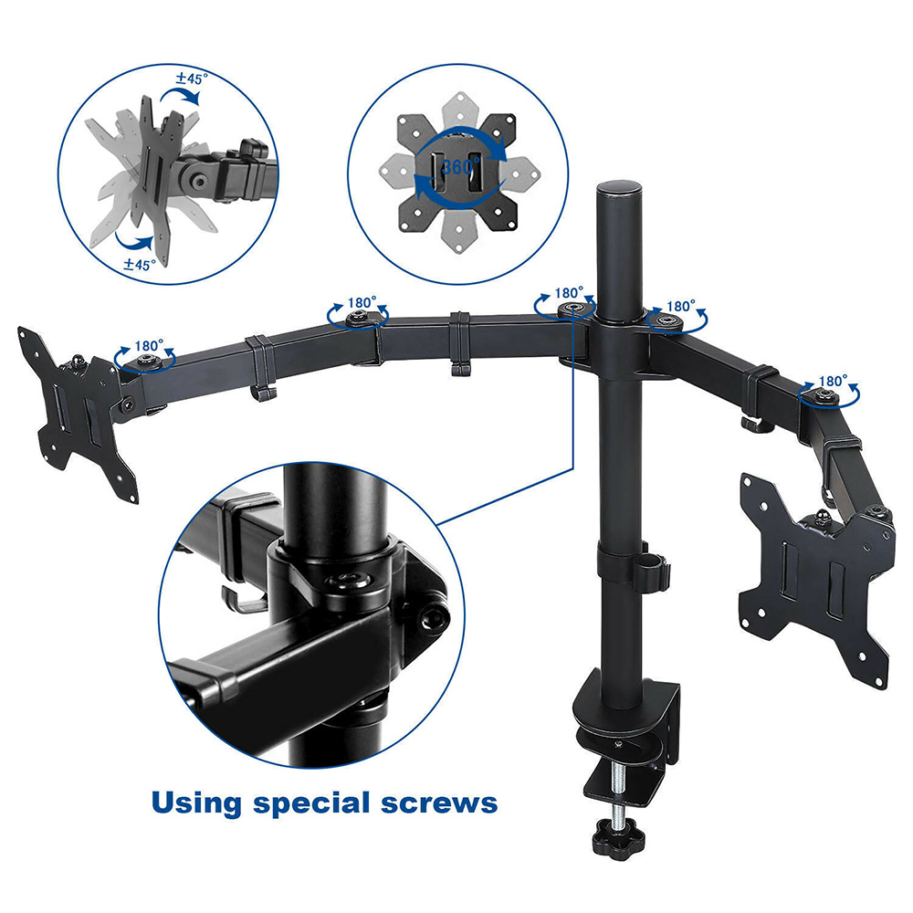 2-fold Monitor Holder Double Table Holder Rotatable Desk Holder Dual, 180° Pivot & 360° Rotation, Adjustable Arm With For Home Office And Work Environments, High Quality Construction