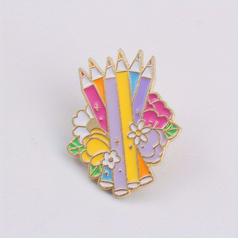 TEMU Colorful Pencil Bouquet Brooch - Artistic Metal Alloy, Mixed Colors, Literary Theme, Perfect For Teachers And Creative