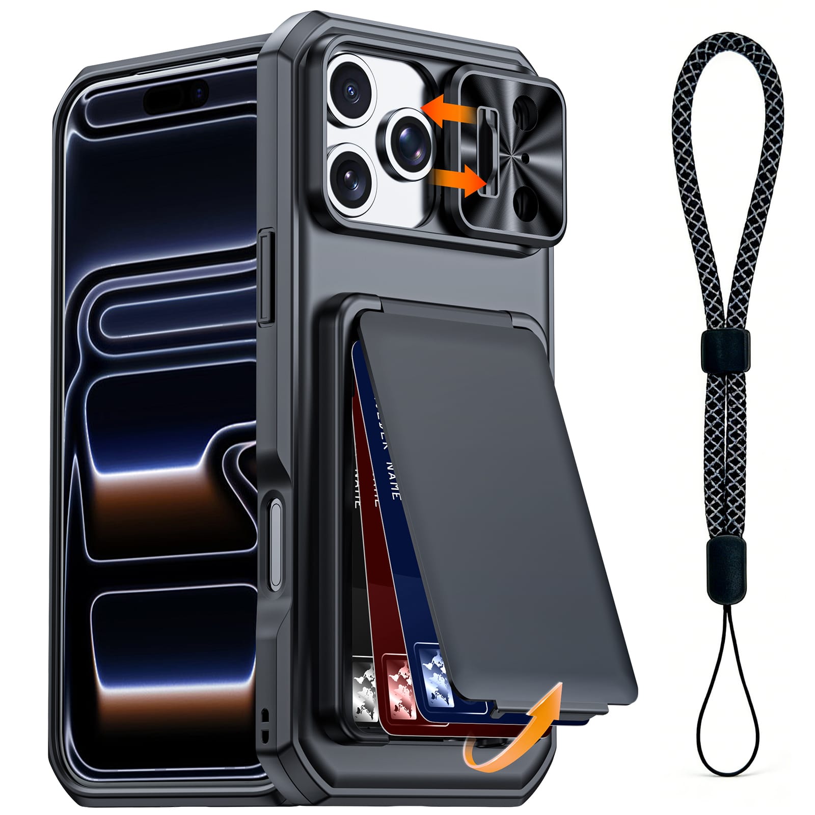 Image of Phone Case: Wefor Suitable For Iphone 15/16/17 Pro .9' Case Wallet+lanyard Wrist Strap, Built-in Card Holder (3-4 Cards) & Slide Camera Cover & Kickstand Rugged Case