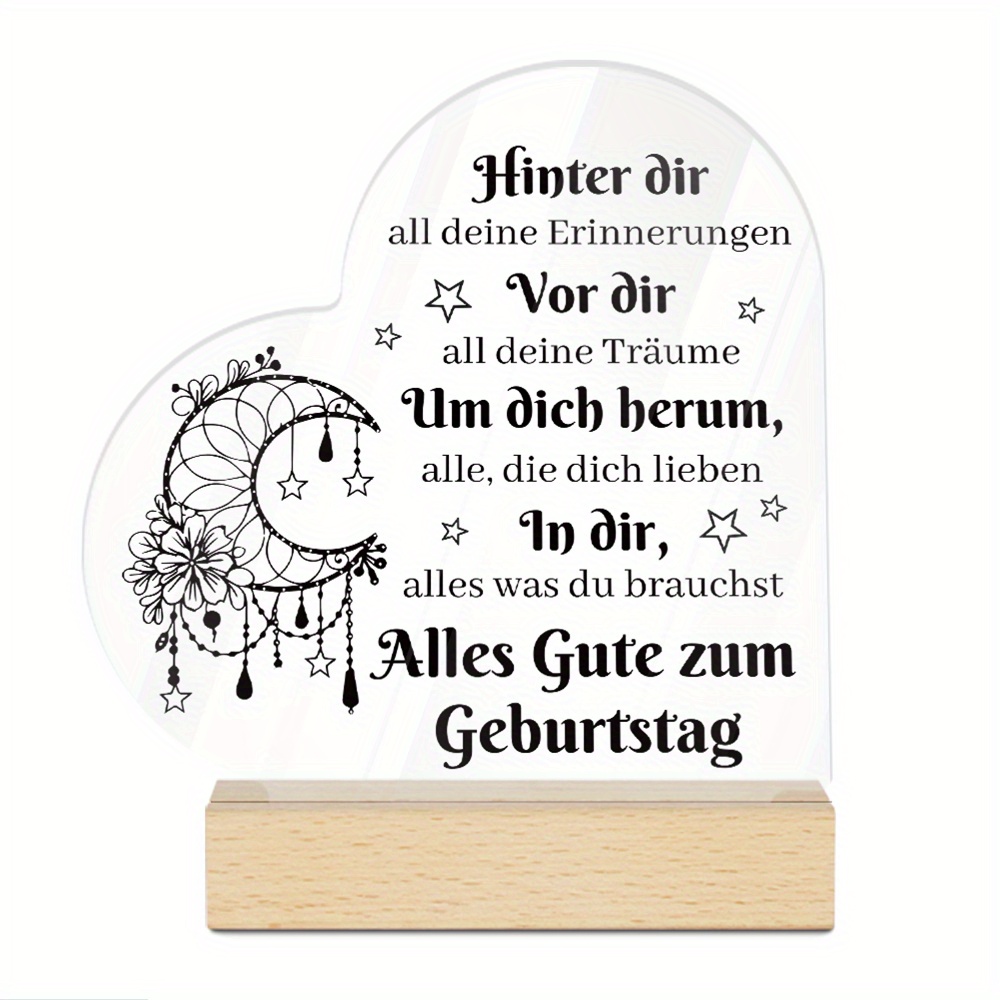TEMU 2d Flat, Putuo Decor 1pc German Heart-shaped Acrylic Sign With Wooden Base, Table Decor - "hinter Dir All Deine Erinnerungen Vor Dir All Alles
