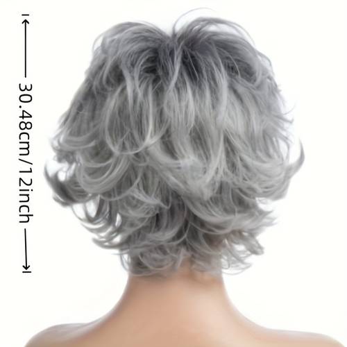 short length gray curly layered wig for women dark gray short fluffy synthetic wig with bangs for halloween daily party