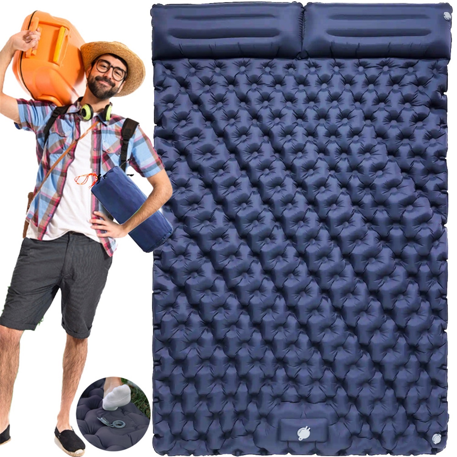 E-shop 2-Personen Doppelte Aufblasbare Luftmatratze mit Integrierter Fußpumpe - Selbstauflaufende Rechteckige Campingmatte für Wandern, Strand,