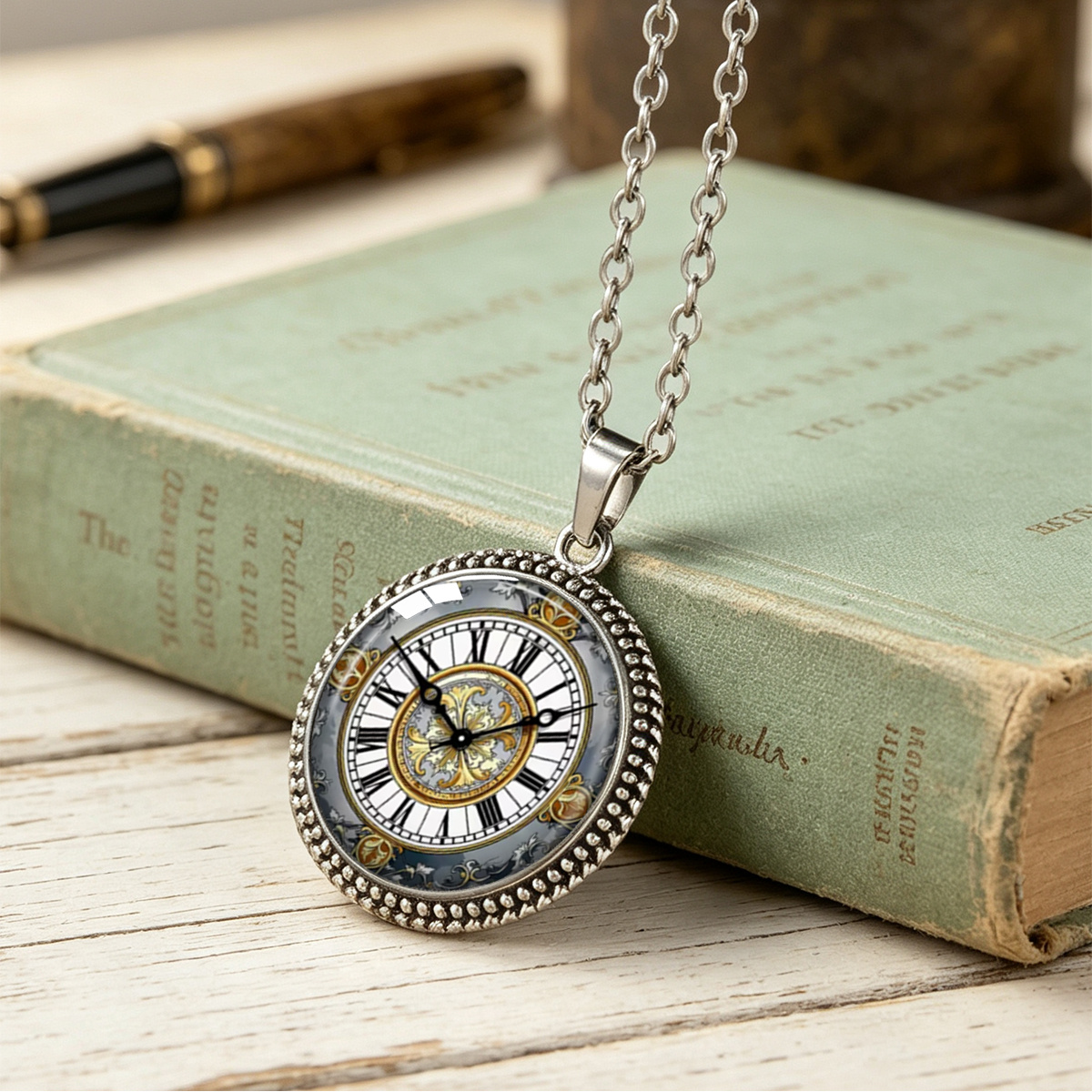 TEMU 1pc Classic European Roman Numeral Watch Pattern Round Pendant Necklace Unisex Literary Decorative Necklace