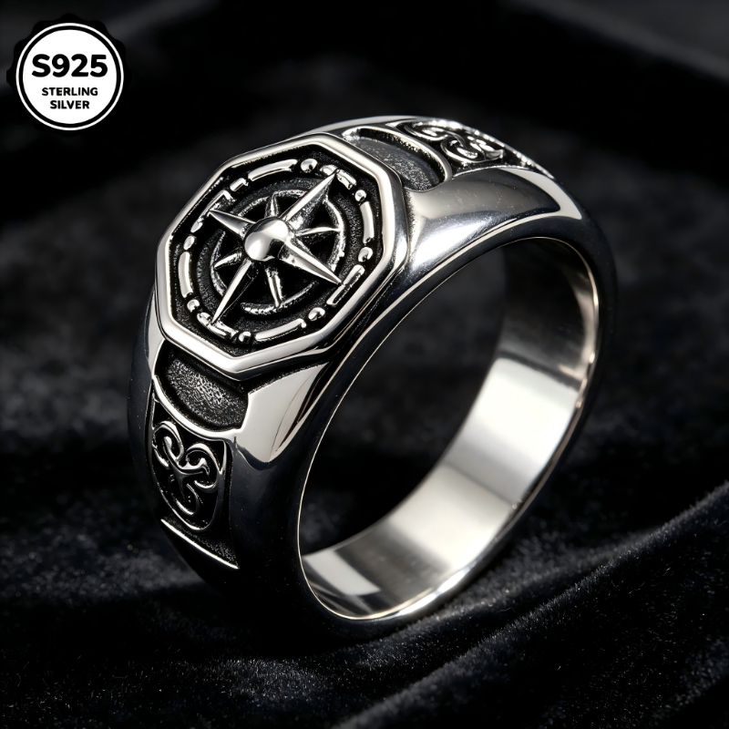 Image of 925 Silvery Vintage Octagonal Signet Ring For Men, Retro Embossed Pattern , Gift For Valentine's Day Father's Day Christmas Birthday Anniversary Thanksgiving New Year, With Gift Box