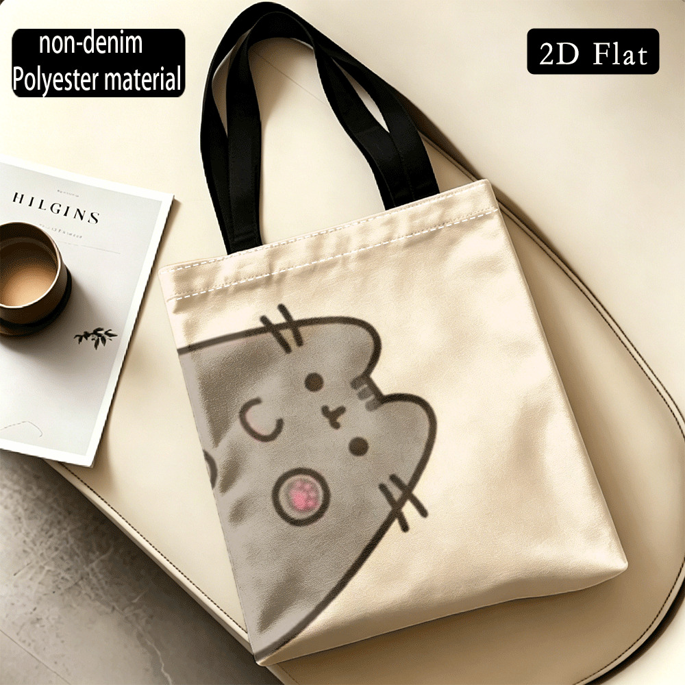 TEMU 1pc 1pcs Cute Cat Print Tote Bag Suitable For School, & Travel - Reusable Polyester Canvas Handbag With Hot Transfer Kitten Design, Square