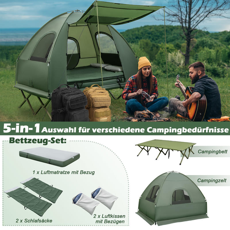 Image of Camping Tent, Camp Bed For 2 People, Air Mattress, Pillow, Sleeping Bag, Portable, Green