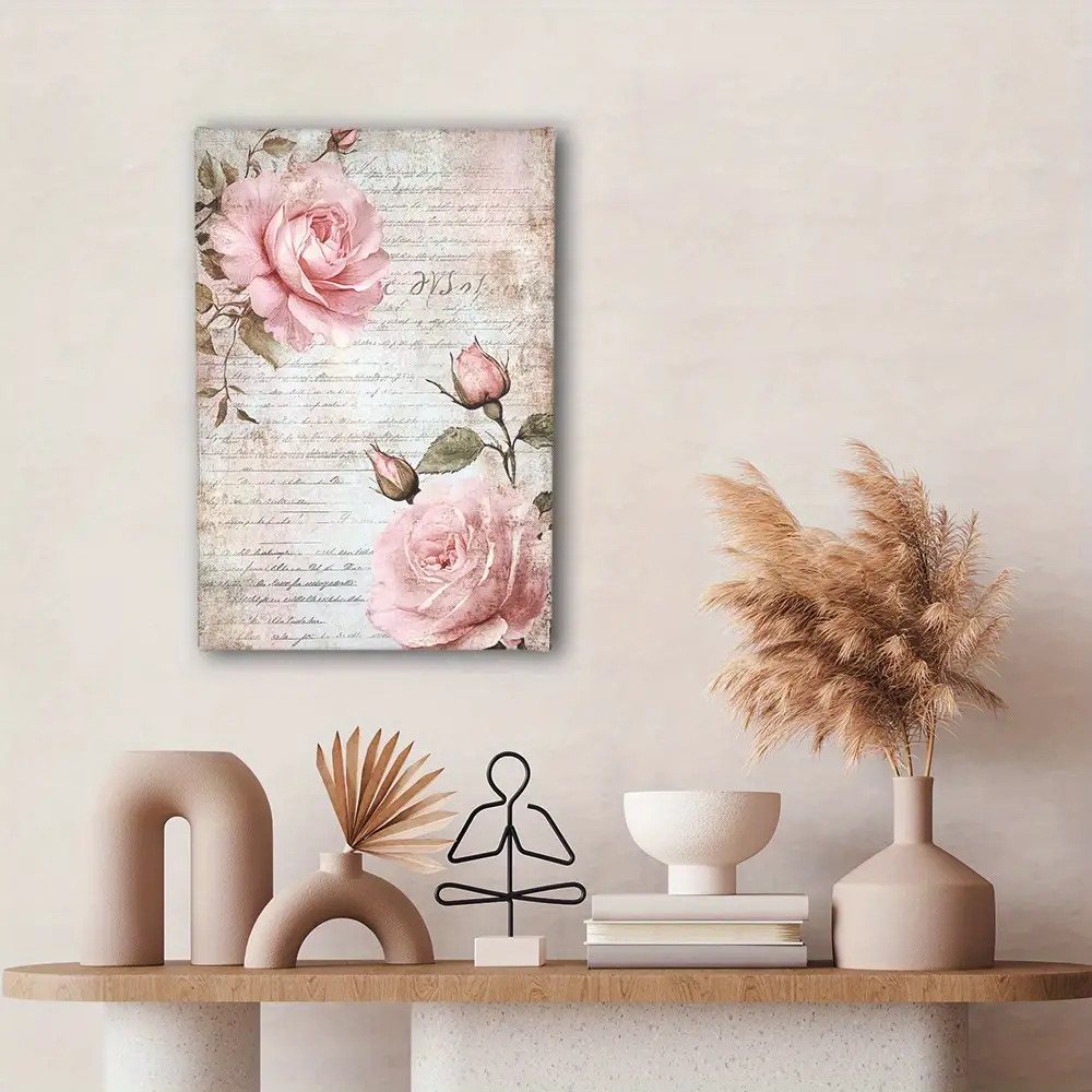 TEMU 2d Flat, 2d Flat, New Style 2d Wooden-framed Canvas Artwork, A Single Piece For Wall Decoration. Room Decor Featuring Shabby Chic Pink Roses And