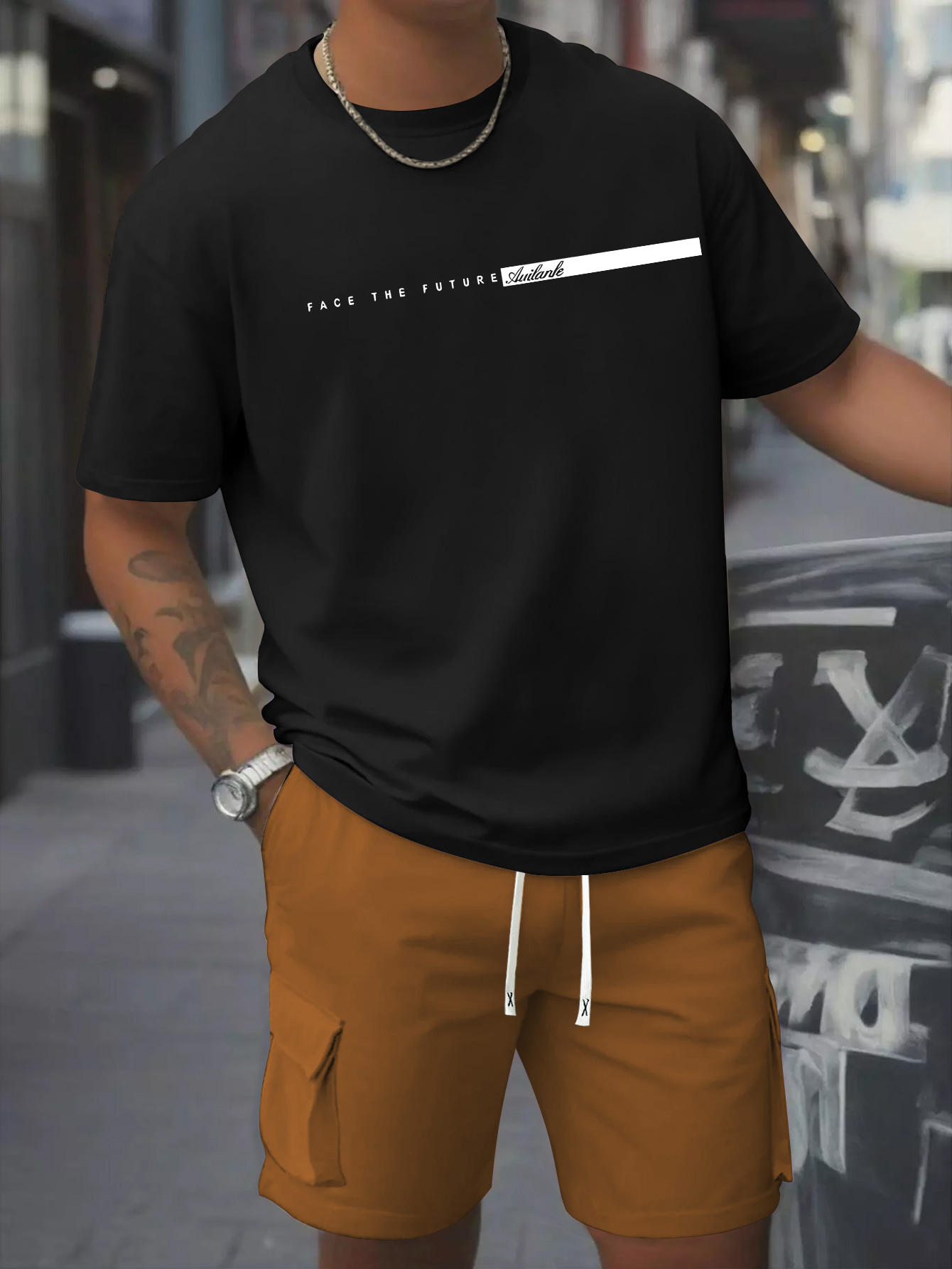 Print Men'S 2pcs Set, Round Neck Pure Cotton Short Sleeve T-shirt and Work Shorts Set, Suitable for Spring and Summer Exercises