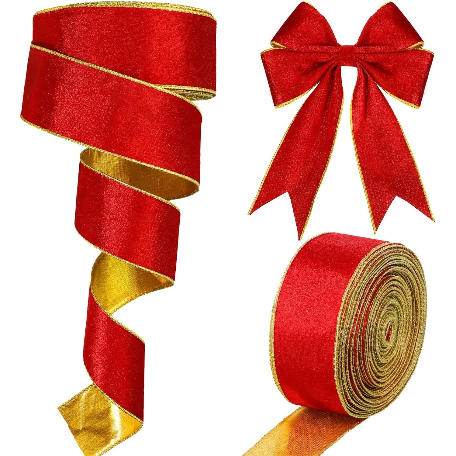 TEMU Kerstfluwelen Lint 2.4 inch Gevlochten Dubbelzijdig, 5 Yards, Rood, Goud
