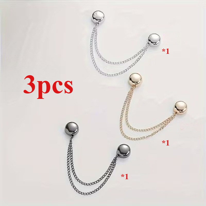 Image of 3pcs Women Magnetic Shirt Clips, Adjustable Chain Clothing Clips With Ball Decor, No Sewing Needed, Fashion Shirt Sleeve Dress Pants Fixing Clips, Durable Stylish Wardrobe Essential