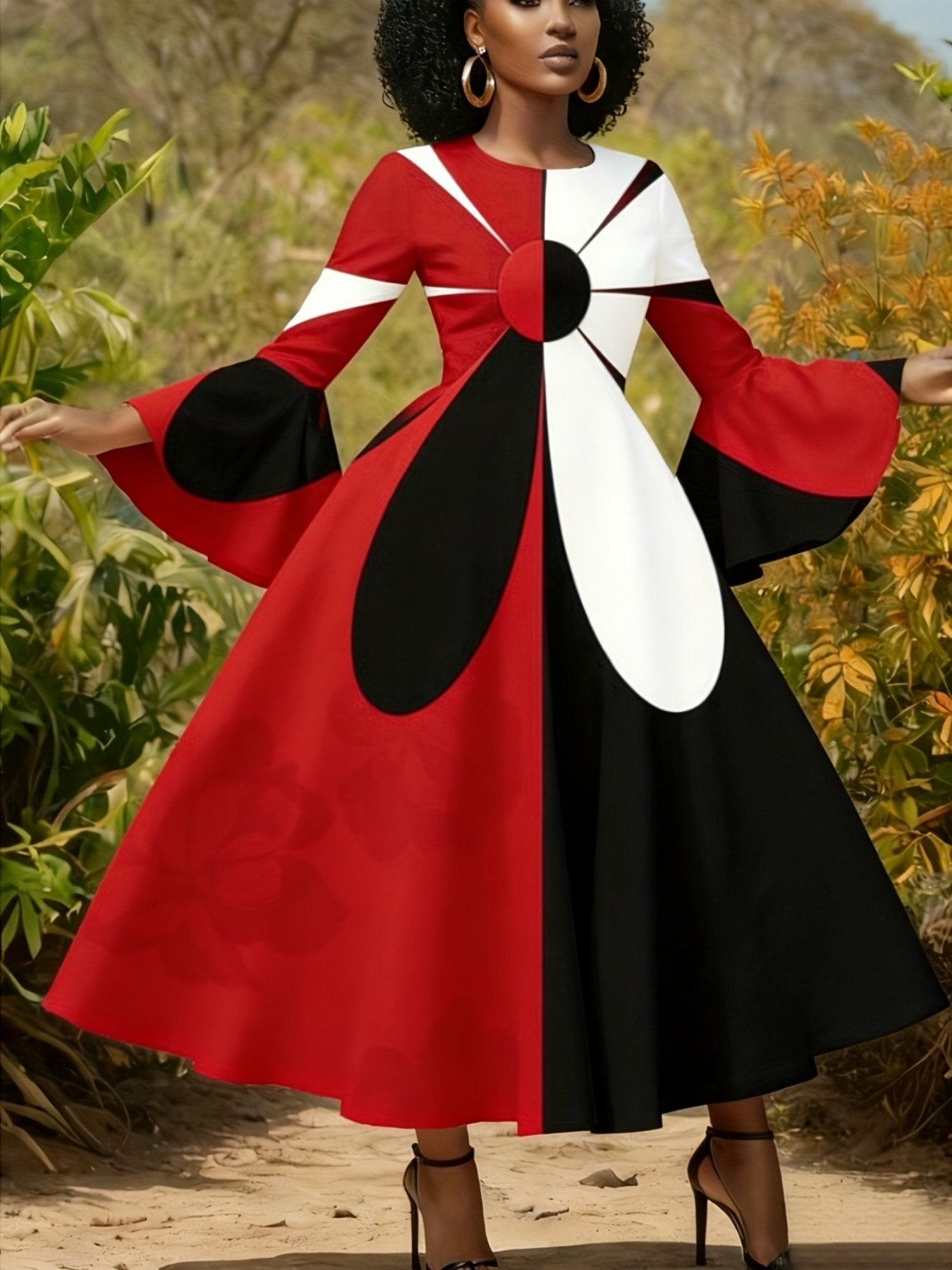 Plus Size - Plus Size - Large Size Women'S Dress with Round Neck And Flared  Sleeves, Fashionable Dress with Large Swing - Made of Fiber Material * Easy  to * * * And Autumn, Comfortable Fabric, Machine ...