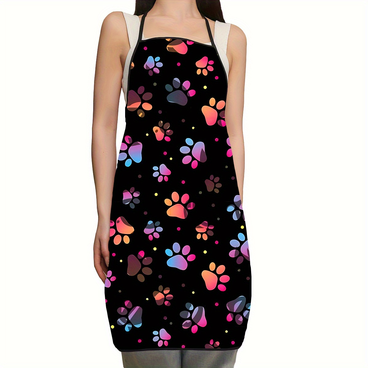 TEMU 1pc Pet Themed Apron With Colorful Print Patterns On A Black Background, And Interesting In Style, Suitable For Wearing In Cooking, Pet Care And