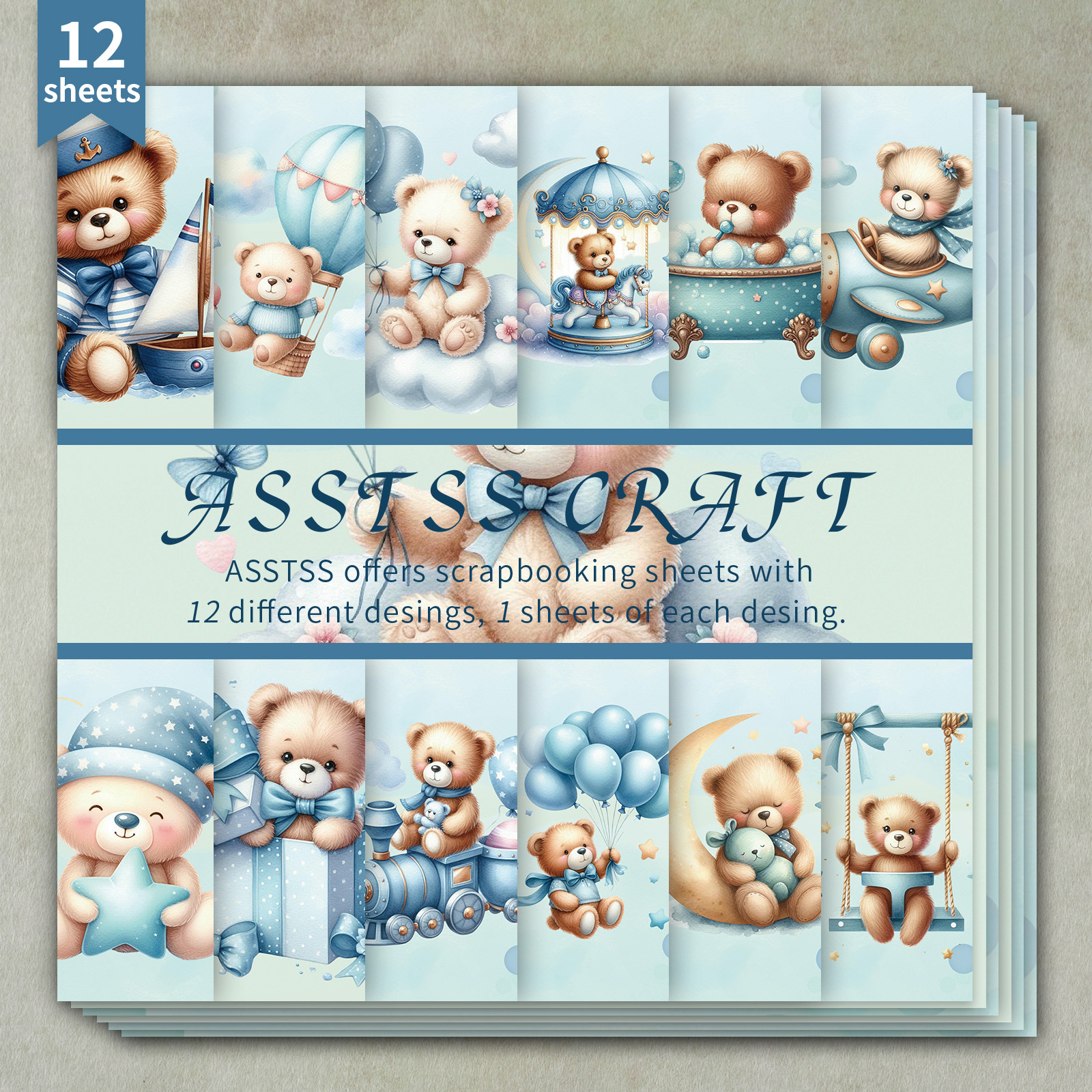 TEMU 12-sheet Asstss 6*6inch Scrapbooking Paper Pad, Blue Teddy Bear Watercolor Style Backing Paper Supplies, Heavyweight Cardstock For Journaling,