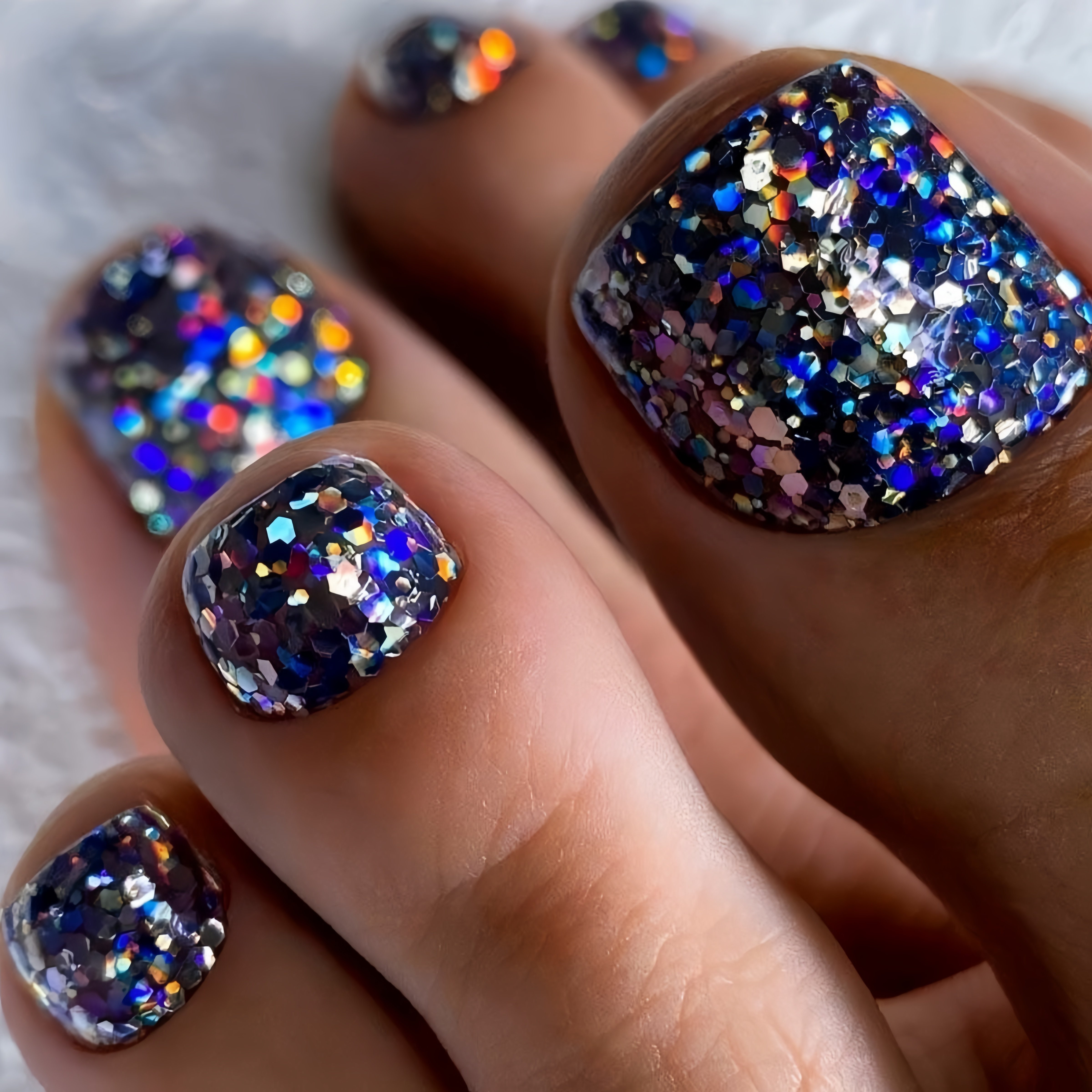 TEMU 24pcs Iridescent Blue Glitter Rhinestone Press-on Toe Nails, Short Square Tips, Sparkly Glitter Rhinestone Nails, Removable Fake Nails, Press-on