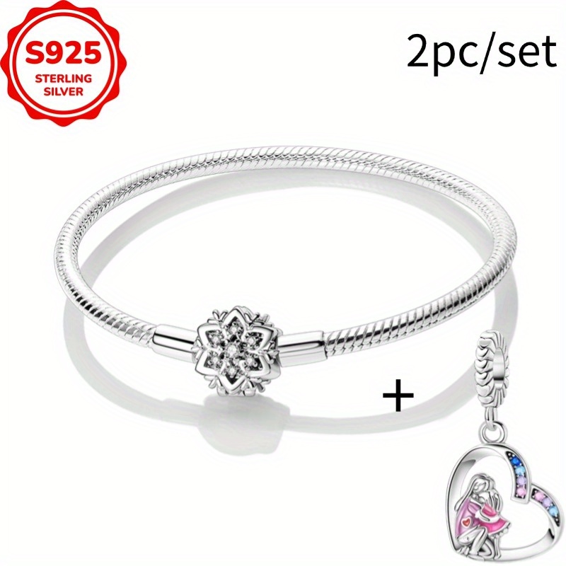 Image of 925 Sterling Silver Snowflake Bracelet+heart-shaped Mother Daughter Best Friend Charm Bead Set Suitable For Women's Fashion Diy Bracelet Necklace Engagement Birthday Gift