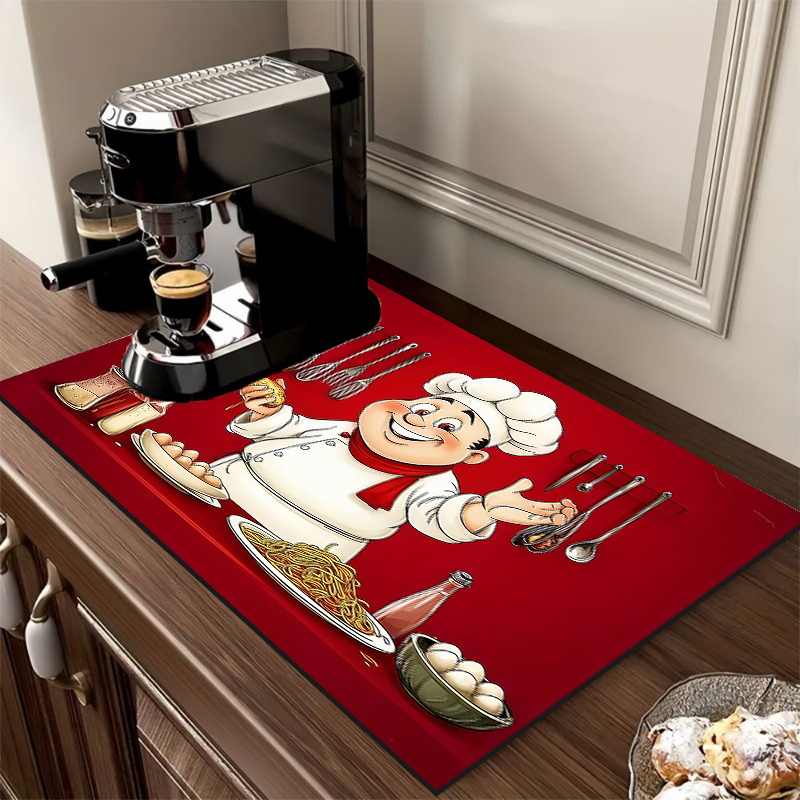 TEMU 1pc Diatomite Drying Mat, Chef Pattern Drying Mat, Coffee Maker Mat, Kitchen Countertop Mat, Washing Machine Mat, Sink Mat, Pet Mat, Mouse Pad,