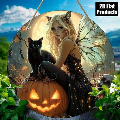 2d flat 2d flat print 1pc wooden printed flat design elegant fairy with black cat 2d flat printed wood round wall tabletop decoration ethereal gothic bohemian home decor suitable for halloween christmas thanksgiving no electricity