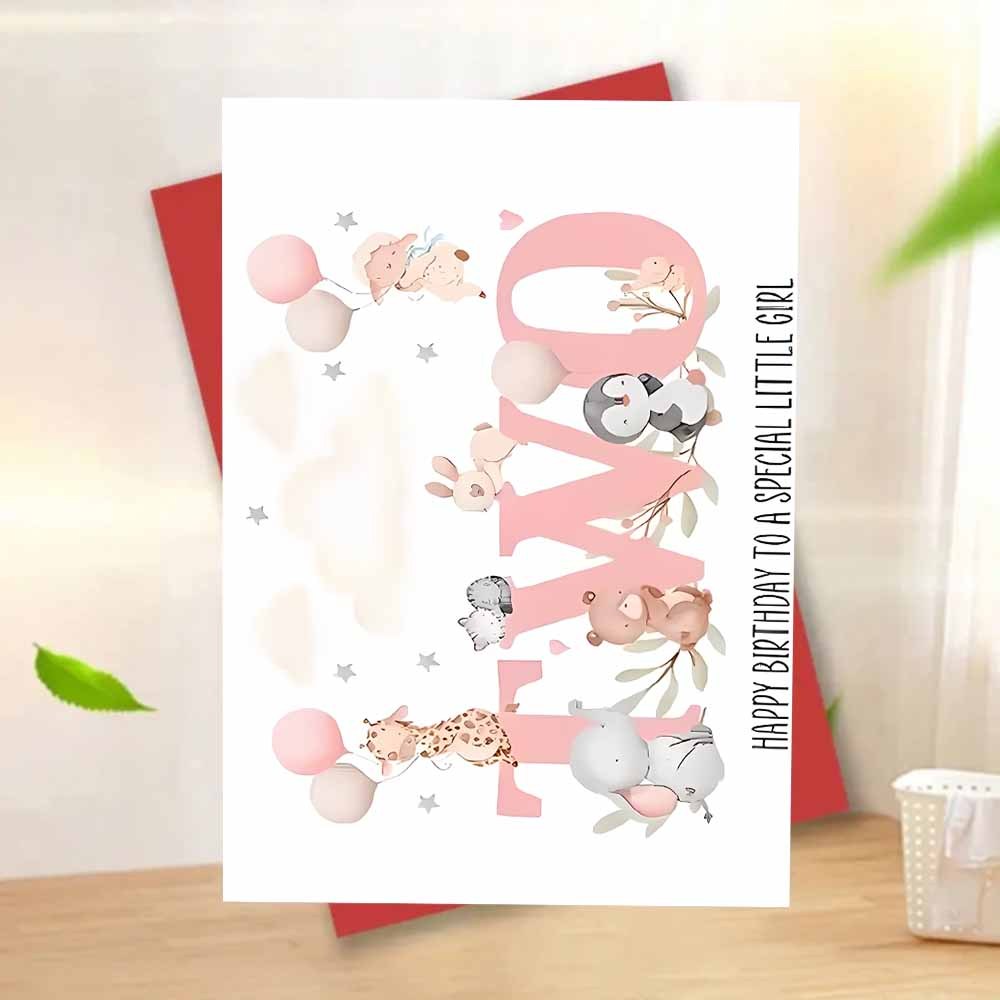 TEMU 1 Greeting Card + 1 Envelope. A "happy Second Birthday To Little Girl" Card With Envelope | Adorable Children's Animal Design, Featuring Pink