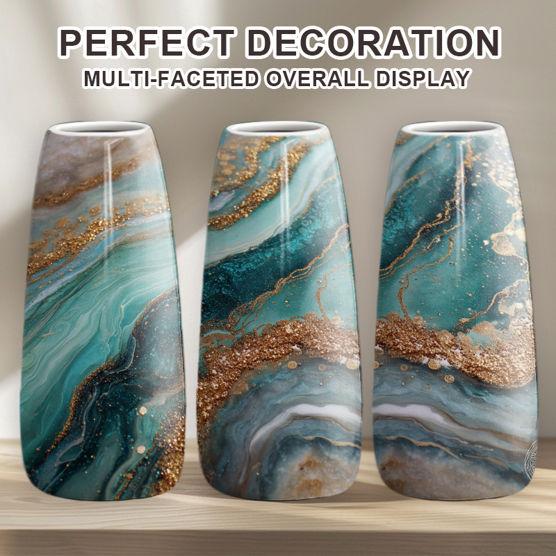 Image of 1pc Modern Minimalist Blue Ceramic Decorative Vase - Bohemian Style Cylinder Shape With Teal Blue & Golden Swirl Pattern, Accent For Indoor/outdoor Use, Perfect For Living Room, Bedroom, Vase Decor