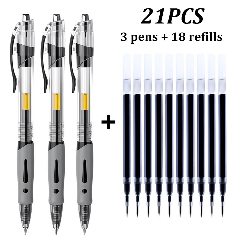 TEMU Ensemble de stylos grande capacité 21 pièces (3 stylos et 18 recharges), pointe fine 0,5 mm, , prise en main confortable, séchage rapide,