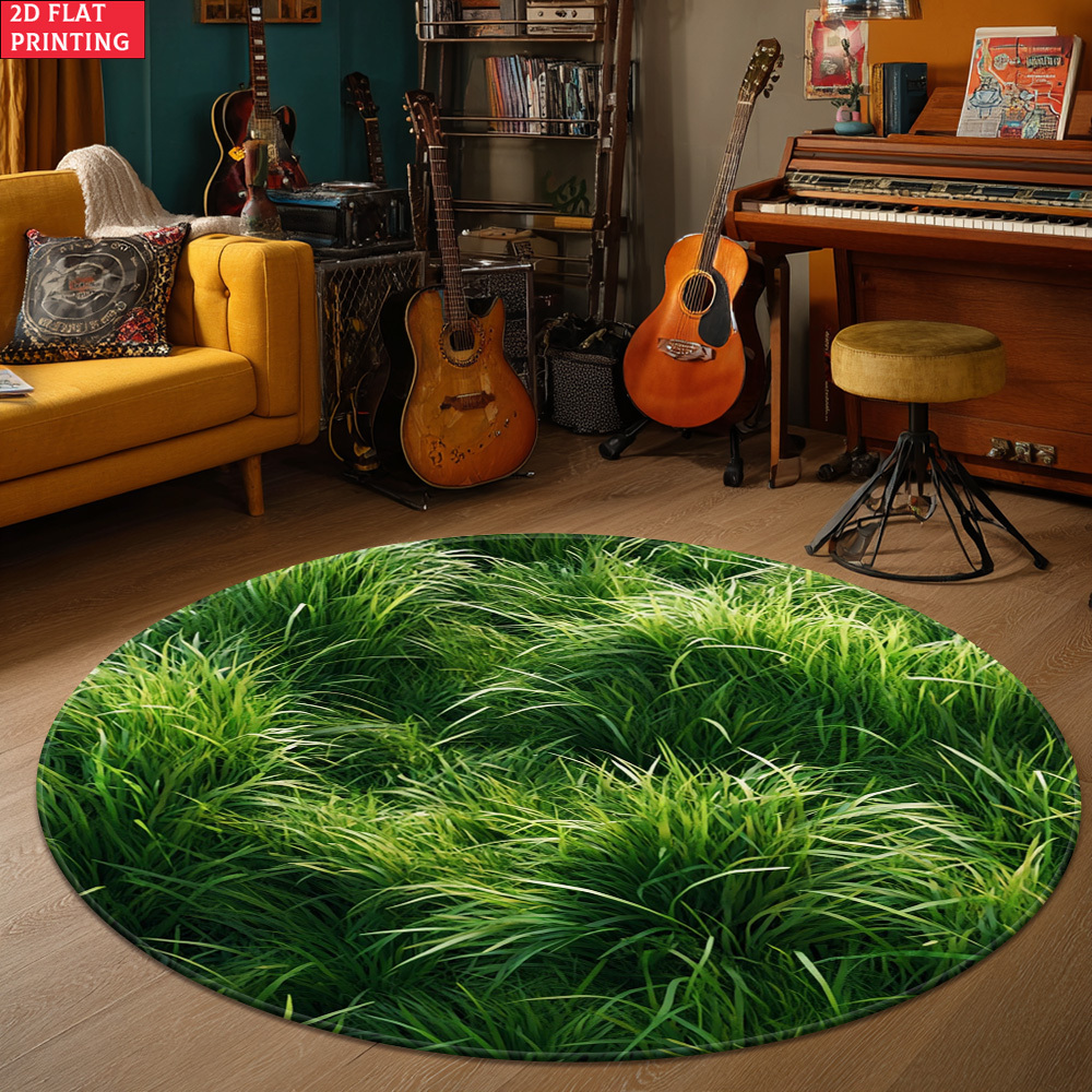 TEMU 2d Flat 1pc 850gsm Velvet Green Grass Hd Round Floor Mat, Suitable For Entryway, Living Room Decorative Mats, Meditation Cushion, Holiday