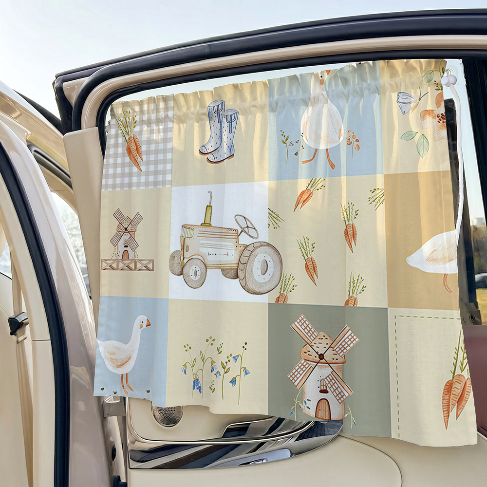 TEMU 1pc Adjustable Suction Cup Car Sunshade Curtain With Duck & Carrot Print - Corded Window Shade Suitable For Travel, Camping, Privacy Protection,