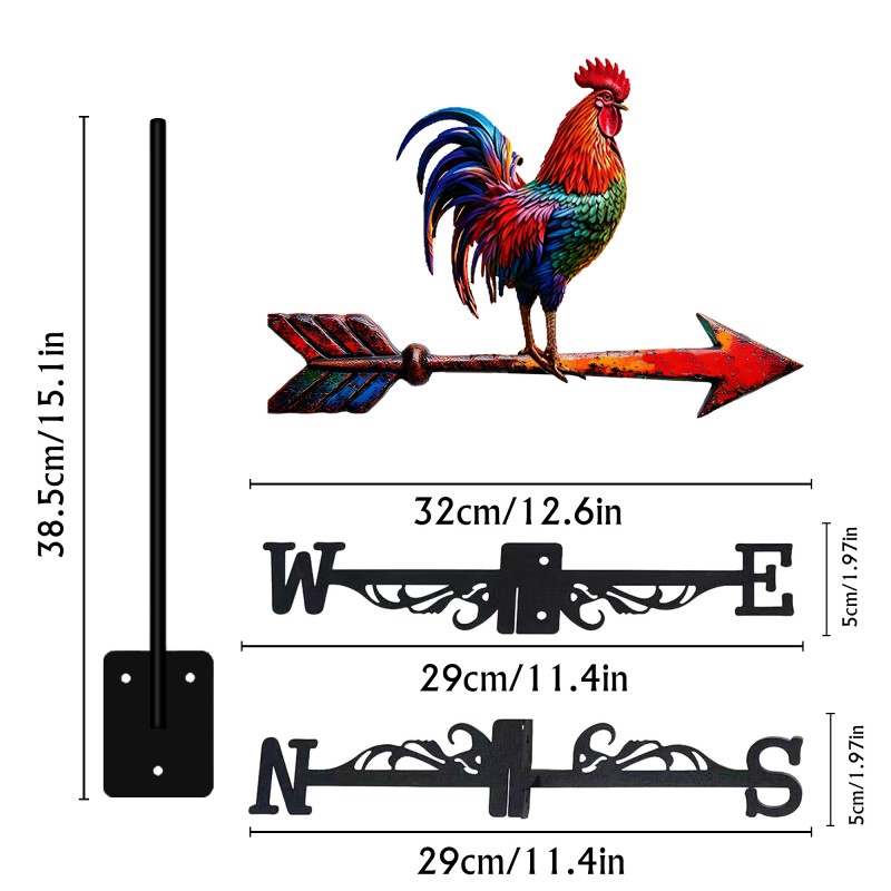 TEMU 1pc Rooster Iron Craft Weathervane, Unique Iron Art Outdoor Decoration For Gardens And Courtyards, Courtyard Home Decor Weathervane, For