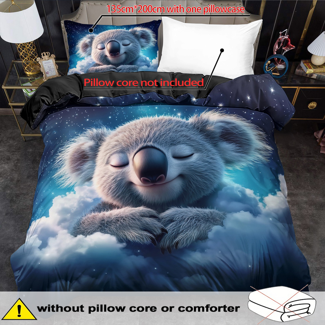 E-shop 2/3-teiliges Bettbezug-Set mit süßem Cartoon-Koala-Print, Bettwäsche im König- und Königin-Stil, aus maschinenwaschbarem Polyester, für