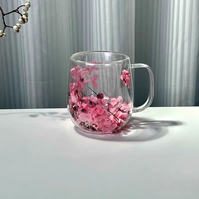 E-shop ., doppelwandige Glas-Tasse mit Henkel, mit simuliertem Blumenmuster-Design, geeignet für Blütentee Kaffee, für Büro, Wohnzimmer Esszimmer, ein
