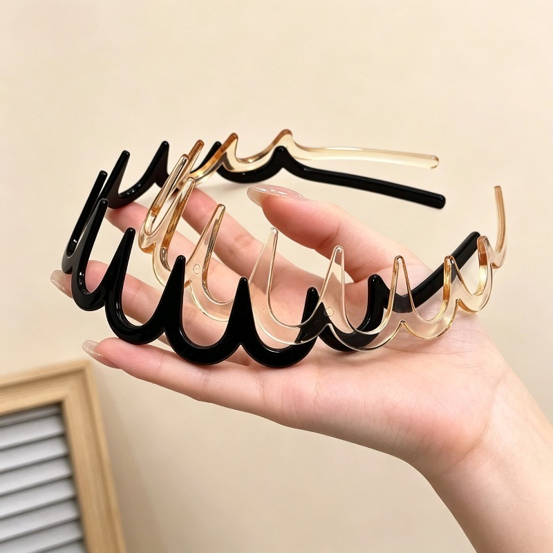 TEMU 2pcs Wavy-tooth Headbands, Glossy Anti-slip Hair Ties And Hair Bands, Black And Transparent Wavy Headbands, For Women' Makeup And Face Washing