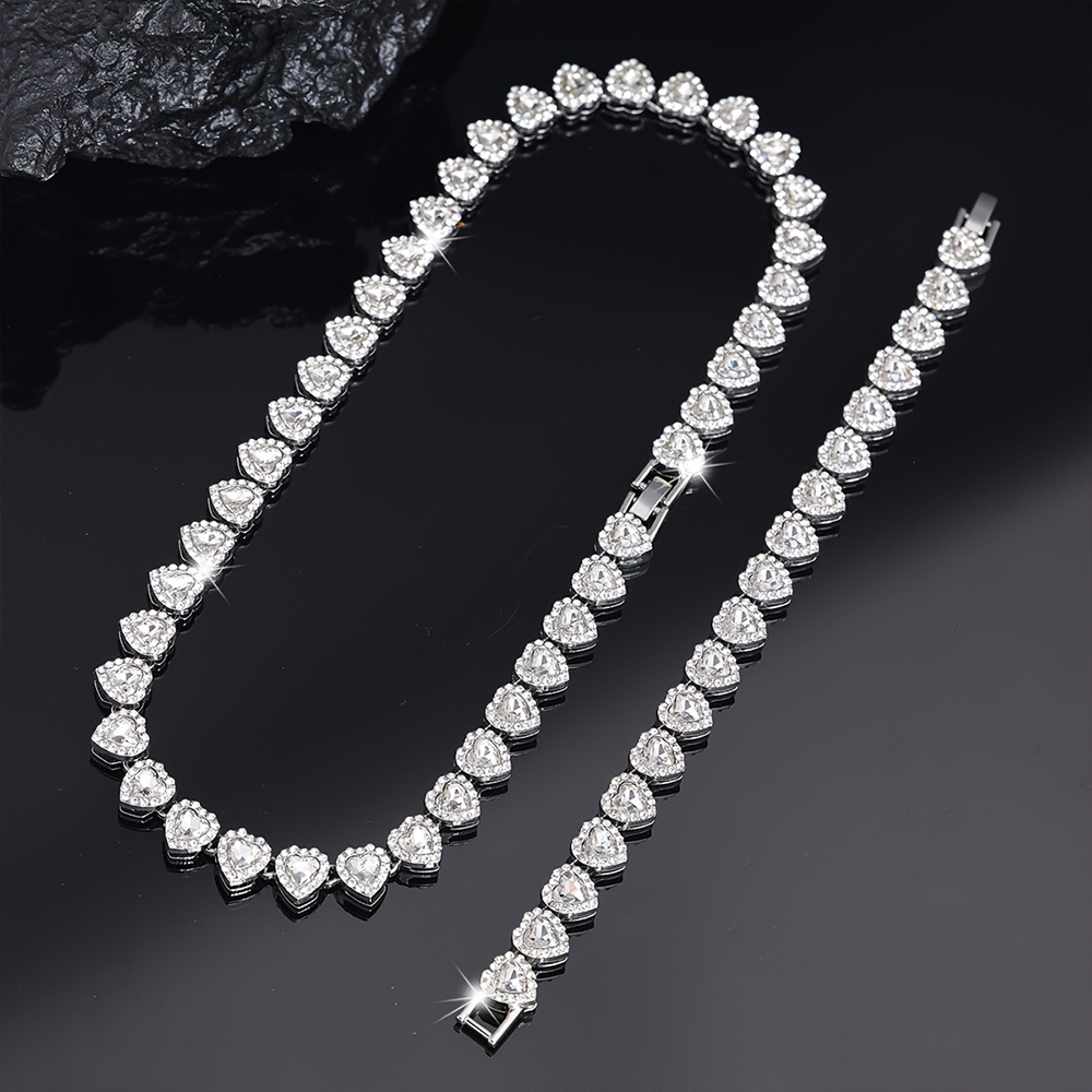 TEMU 2pcs Luxurious Heart Cubic Synthetic Synthetic Zirconia Necklace And Bracelet Set -shaped Cuban Chain Necklace Hip-hop Style Shiny Bangle