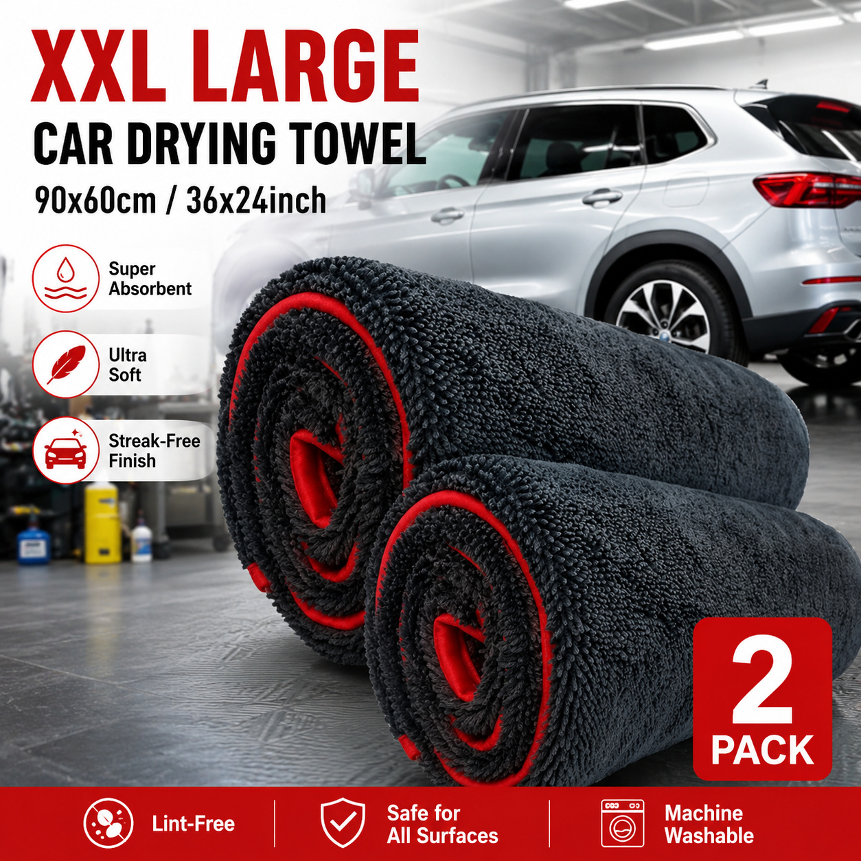 TEMU 2pcs Set Of Large Microfiber Car Drying Towels, 60x90 Cm, Super Absorbent And , Absorbent, Streak-free, Super Soft, Scratch-free