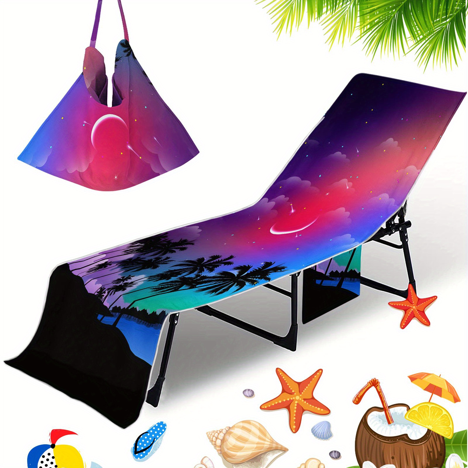 TEMU Casual Series Beach Chair Cover With Pockets - High-end Polyester Casual Chair Cover, Anti-slip Elastic Band, Portable Suitable For Swimming