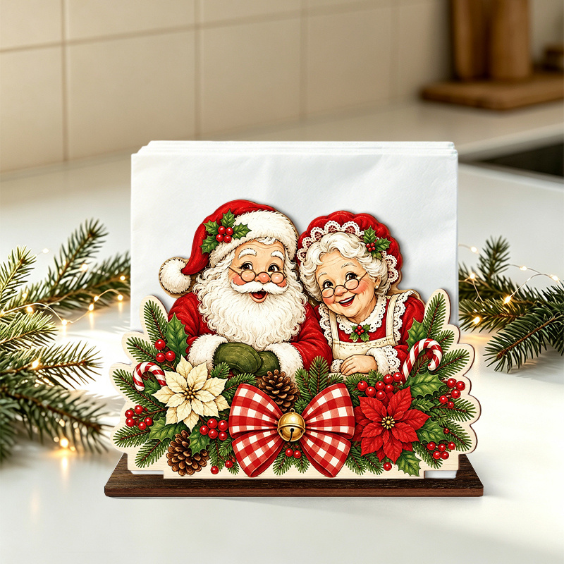 TEMU 1 porte-serviettes en bois couple Père Noël, boîte à mouchoirs de bureau rétro à motif à carreaux, nœud, cloche, de houx, organisateur de