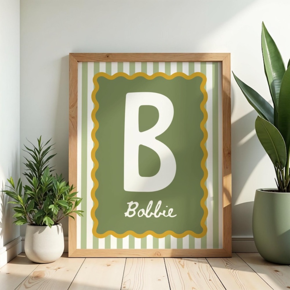 TEMU 2d Flat, 2d Flat, Personalized 2d Flat Unframed Canvas Poster | Name & Initials With Green Design, Art , Ideal For Valentine's Day, Room Wall
