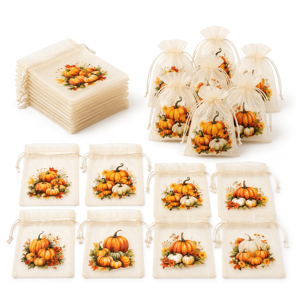 TEMU Lot de 24 sacs cadeaux en organza citrouille d'automne, couleurs mélangées aléatoires, pochettes transparentes à cordon de serrage, sacs à