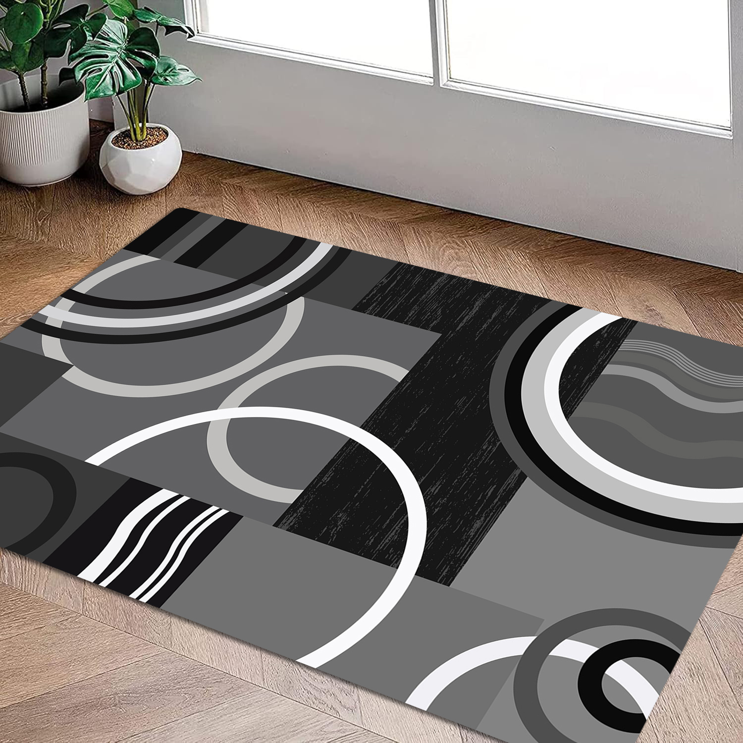 TEMU 1pc Modern Abstract Geometric Doormat - Non-slip, Washable Polyester Flannel Entrance Mat, Lightweight Rectangle Floor Mat For Bedroom, Dining