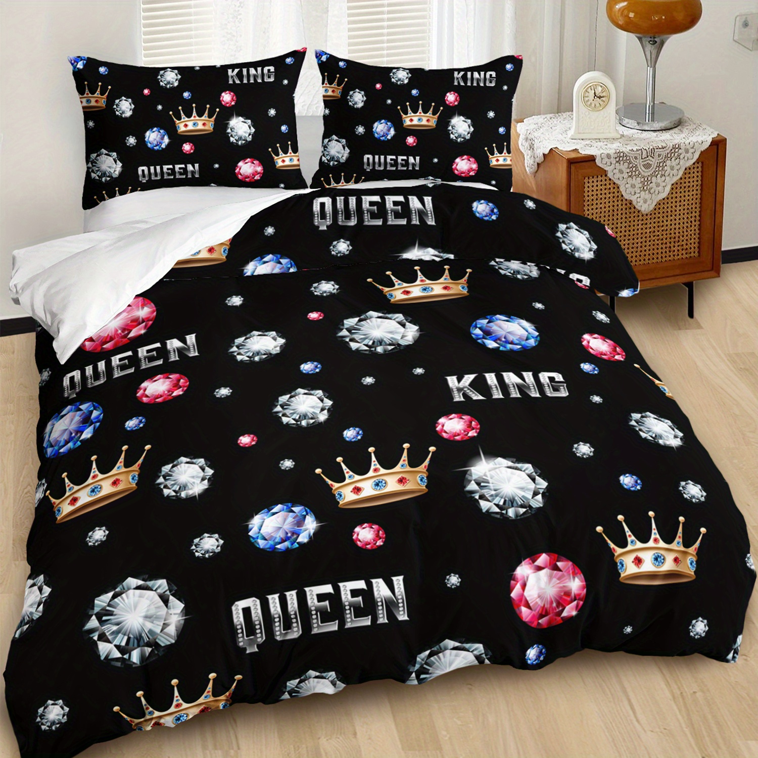 3pcs king queen crowns and diamonds 3  printed duvet cover set romantic couple bedding set for   queen size black bedding for bedroom or   decor polyester comforter cover gift 1 quilt cover 2 pillowcases Product details 1