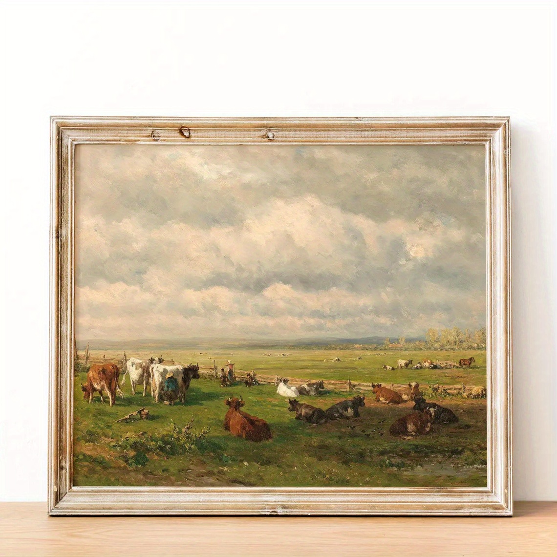 TEMU 1pc Vintage Farm Landscape Canvas Wall Art - Unframed Pastoral Painting With Cows & Sheep, Spring Autumn Countryside Scene, Ink On Canvas For